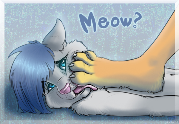 &lt;3 ambiguous_gender arw barefoot blue_hair cat claws feline foot_fetish foot_focus foot_in_face gay hair hindpaw licking_foot lying male mammal myaddib on_back paws toes tongue tongue_out uncomfortable wolfurryon