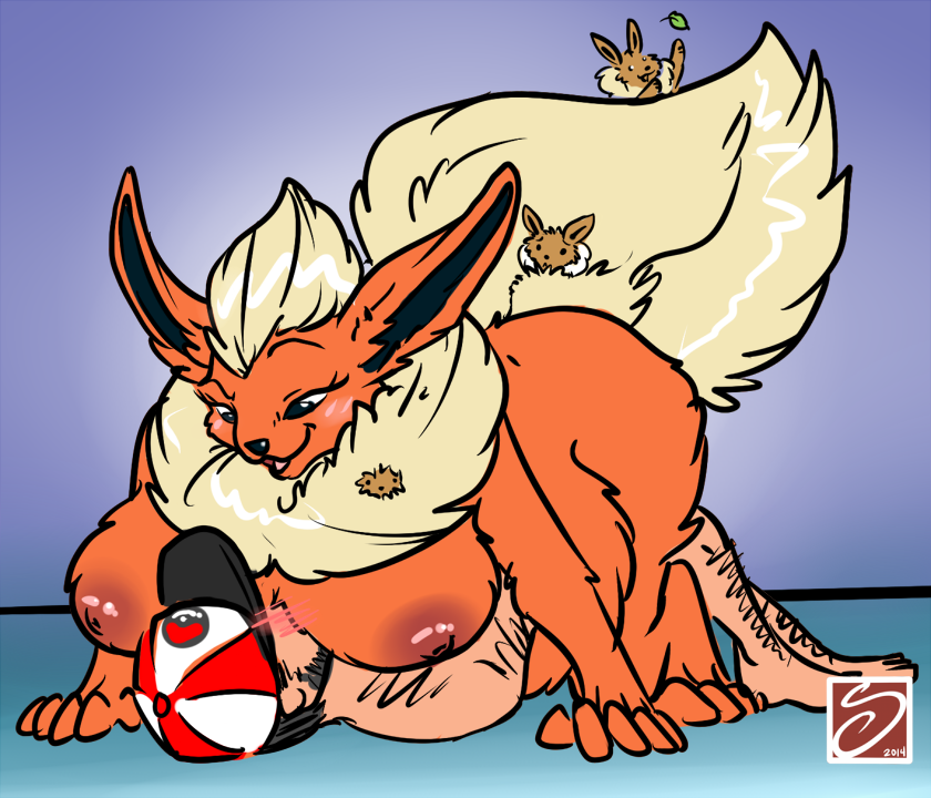 anthrofied beard big_breasts blush breasts chubby digitigrade duo eevee eeveelution facial_hair female flareon hat human human_on_anthro interspecies lying male mammal nintendo on_back pok&#233;mon pok&#233;philia pok&eacute;mon pok&eacute;philia saphine size_difference video_games