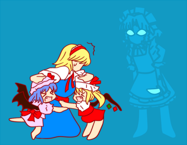 &gt;_&lt; 4girls :d alice_margatroid angry apron bat_wings blonde_hair blue_hair closed_eyes colorized dress fang flandre_scarlet hairband hat hat_ribbon holding holding_knife hug hug_from_behind izayoi_sakuya kneeling knife looking_at_another maid maid_apron maid_headdress multiple_girls nove_(yurukotatsu) open_mouth partially_colored pink_dress puffy_short_sleeves puffy_sleeves red_dress remilia_scarlet ribbon short_hair short_sleeves side_ponytail skirt skirt_set smile standing surprised sweat touhou vampire wings worried xd