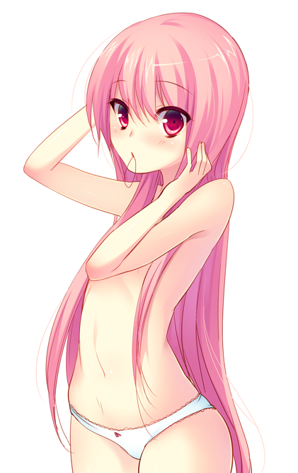 bad_id bad_nicoseiga_id blush hair_tie itou_nanami long_hair looking_at_viewer mouth_hold original panties pink_eyes pink_hair simple_background solo underwear underwear_only very_long_hair white_background white_panties