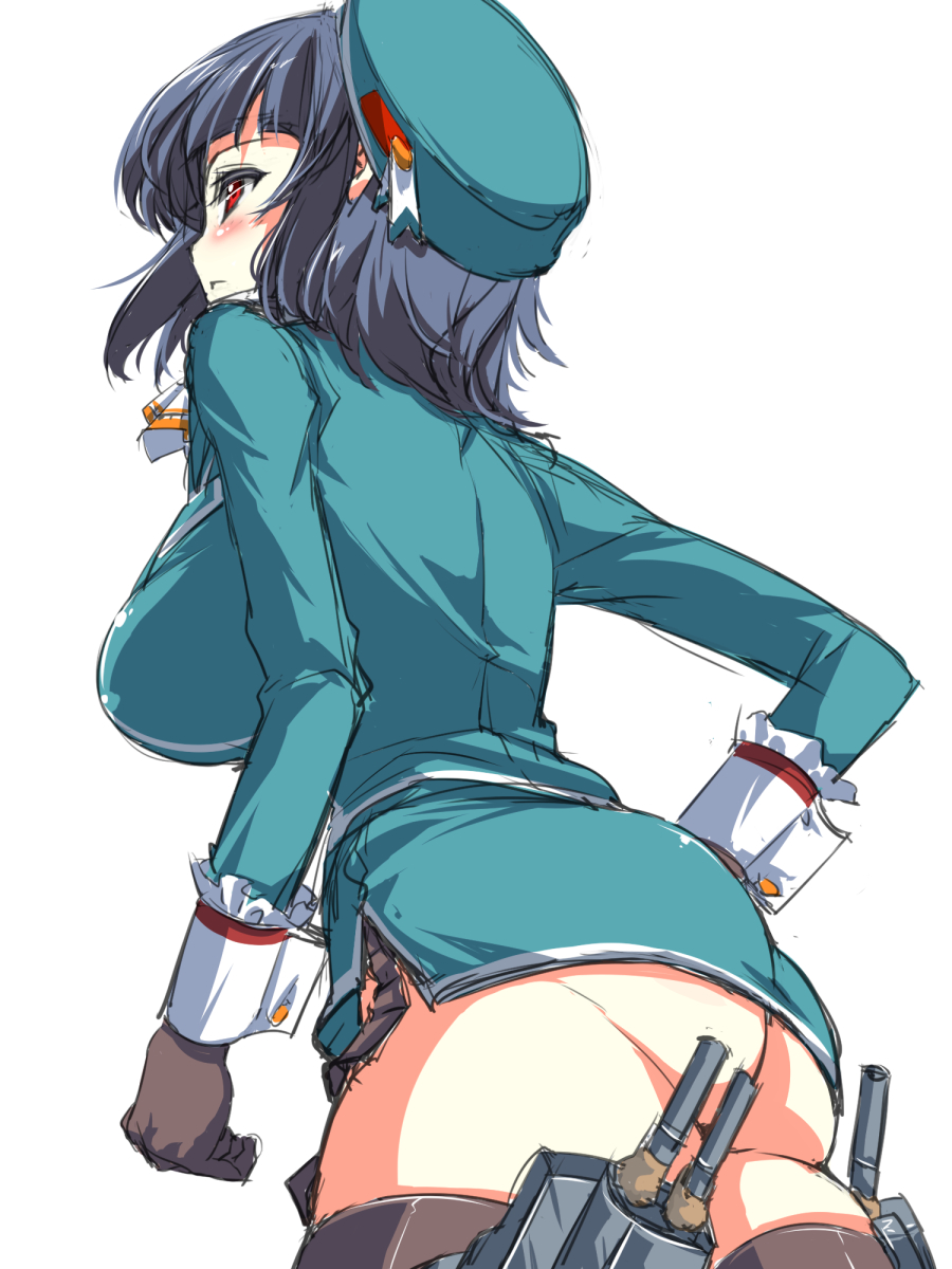 1girl ass blue_hair blush breasts cap female fujiyama_takashi gloves kantai_collection large_breasts red_eyes short_hair takao_(kantai_collection)