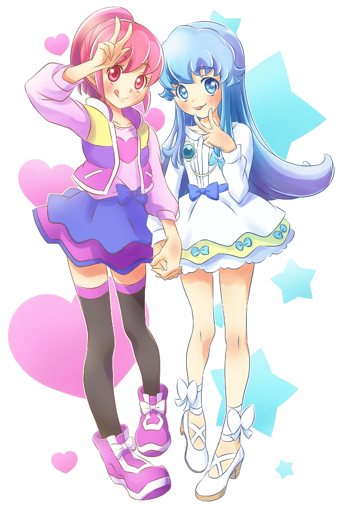 :q aino_megumi bare_legs black_legwear blue-fin blue_eyes blue_hair blue_skirt full_body happinesscharge_precure! heart holding_hands long_hair multiple_girls pink_eyes pink_hair ponytail precure shirayuki_hime shirt shoes short_hair sidelocks skirt smile sneakers star thighhighs tongue tongue_out v vest white_skirt