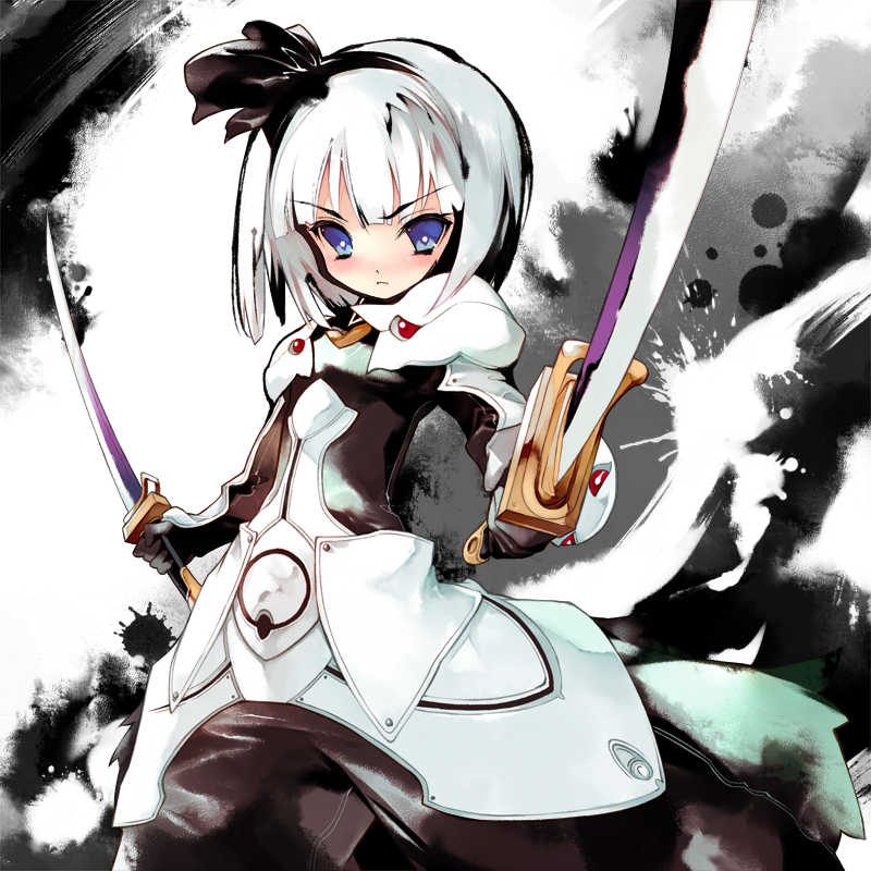 black_hairband blazblue blue_eyes blush bodysuit cosplay dual_wielding frown gloves hair_ribbon hairband hakumen hakumen_(cosplay) holding katana konpaku_youmu revision ribbon serious short_hair solo sumi_keiichi sword touhou weapon white_hair