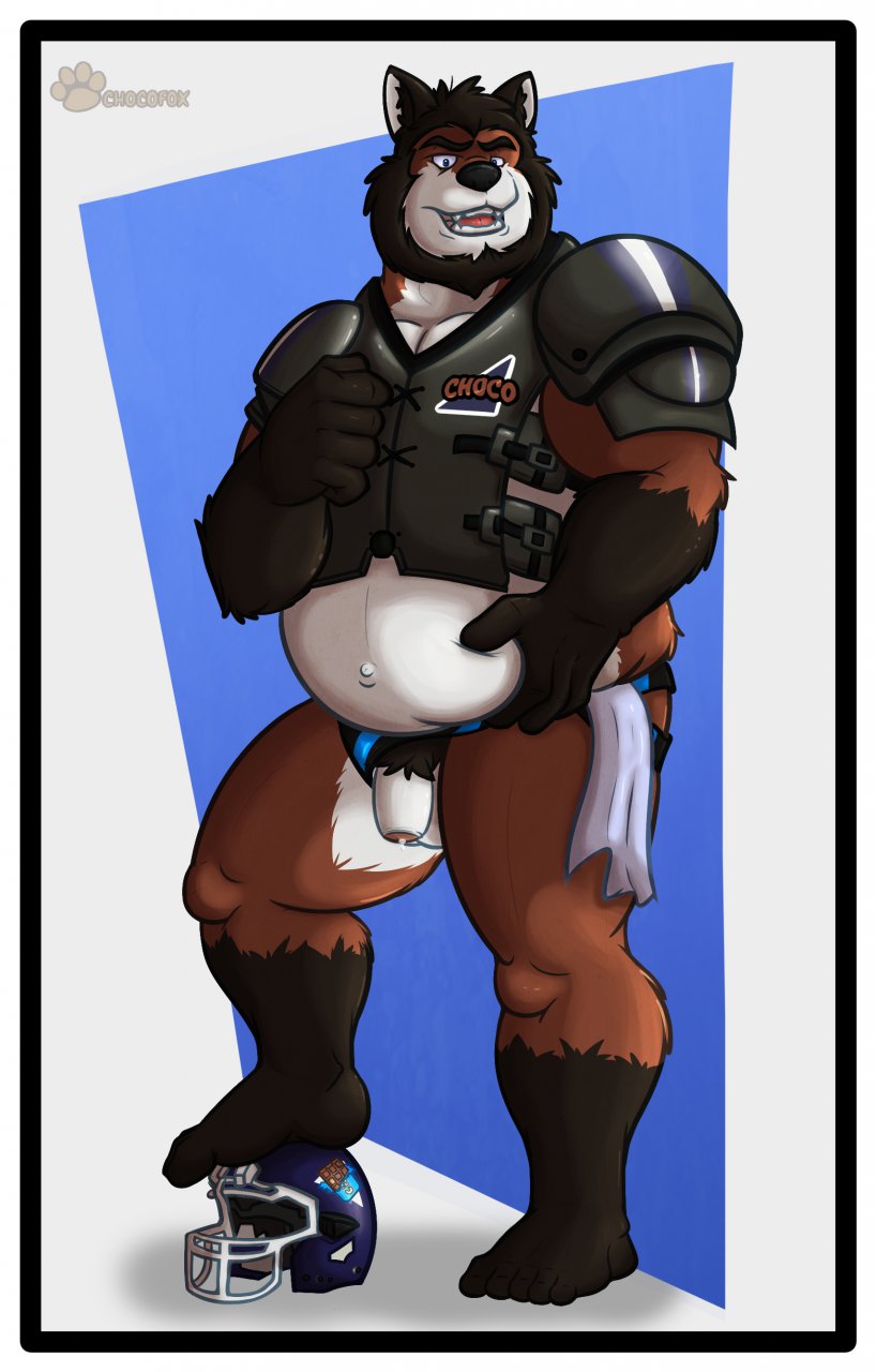 armor beard bottomless canine facial_hair flaccid football fox heavy helmet looking_at_viewer male mammal midriff overweight penis smile solo