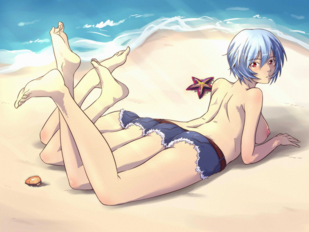 1girl arm_support ass ayanami_rei barefoot beach blue_hair breasts feet female gammatelier looking_at_viewer looking_back lying multi_leg neon_genesis_evangelion nipples ocean on_stomach red_eyes short_hair shorts soles solo toes what