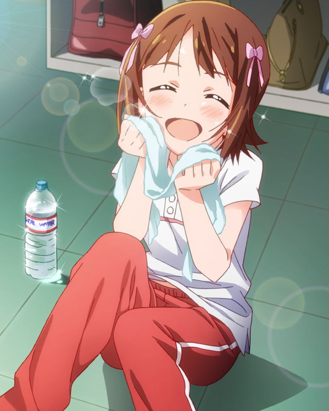 :d ^_^ amami_haruka bottle brown_hair closed_eyes idolmaster idolmaster_(classic) idolmaster_million_live! lens_flare official_art open_mouth pants polo_shirt ribbon short_hair smile towel track_pants water_bottle