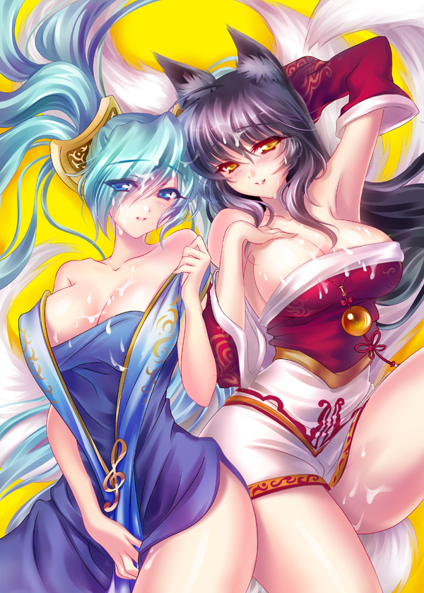 ahri animal_ears aqua_hair bare_shoulders black_hair blue_eyes blush breasts cleavage cum detached_sleeves large_breasts league_of_legends long_hair looking_at_viewer low_neckline multiple_girls multiple_tails open_mouth s-yin shiny shiny_skin sona_buvelle tail twintails very_long_hair yellow_background yellow_eyes