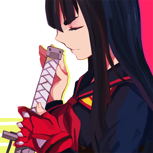 bad_id bad_pixiv_id black_hair closed_eyes cosplay fingerless_gloves gloves katana kill_la_kill kiryuuin_satsuki long_hair lowres matoi_ryuuko matoi_ryuuko_(cosplay) rancherranta school_uniform senketsu single_glove sword weapon