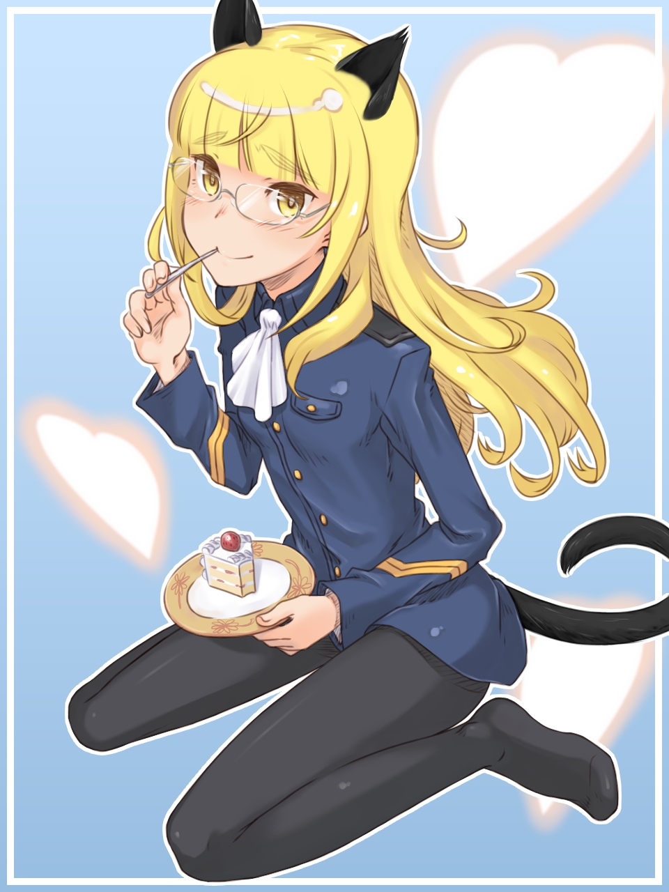 animal_ears black_legwear blonde_hair cake cat_ears cat_tail eating food fork_in_mouth fruit glasses heart highres kawaguchi_hyoue long_hair looking_at_viewer military military_uniform no_shoes pantyhose perrine_h_clostermann plate sitting slice_of_cake smile solo strawberry strawberry_shortcake strike_witches tail uniform wariza world_witches_series yellow_eyes