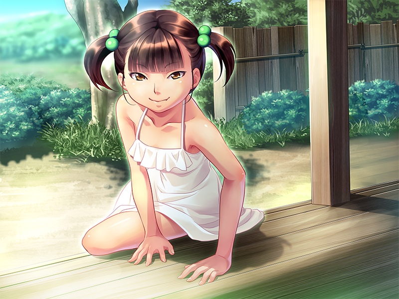 1girl arm_support artist_request bare_shoulders brown_eyes brown_hair child dress fang female game_cg hair_bobbles hair_ornament in'en in'en looking_at_viewer short_twintails shouji_suzuka solo sundress twintails white_dress