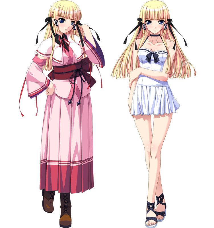 1girl artist_request bangs bare_legs bare_shoulders blonde_hair blue_eyes blunt_bangs blush body_blush breasts casual character_sheet cleavage collarbone detached_sleeves feet female footwear full_body hair_ornament hair_ribbon hair_tubes hair_tucking halterneck hand_on_hip hime_cut hime_to_majin_to_koisuru_tamashii japanese_clothes legs long_hair looking_at_viewer ribbon rokujouin_sakuya shoes simple_background skirt solo standing thigh_gap toes white_background wide_sleeves