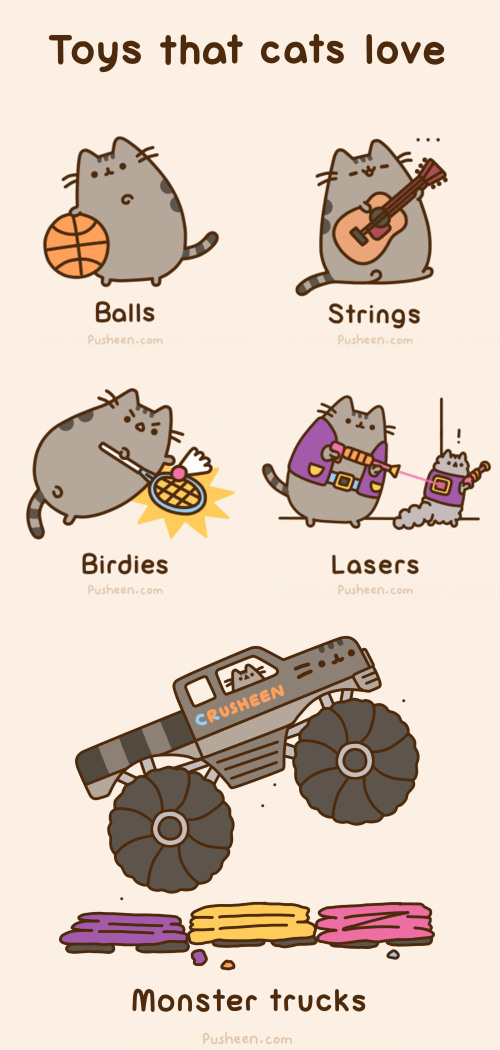 2014 :3 ambiguous_gender animated badminton basketball cat cub cute edit english_text feline fur grey_fur guitar happy humor laser mammal monster_truck open_mouth plain_background pun pusheen pusheen_corp simple_background surprise text whiskers young