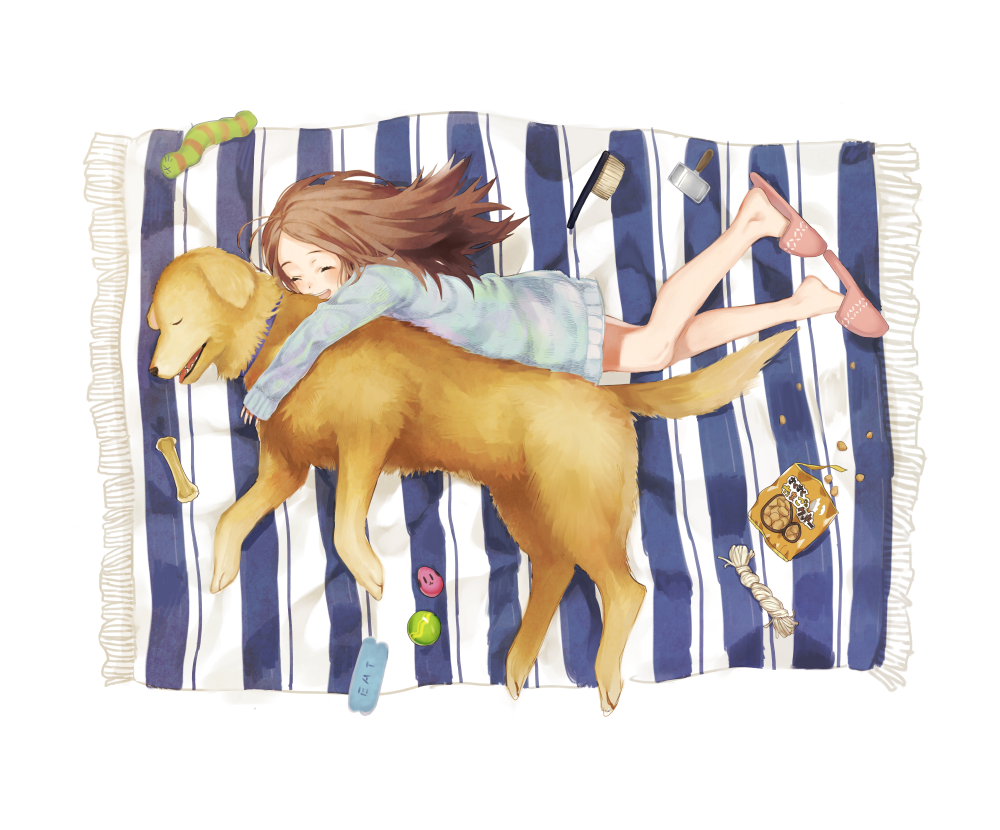 :d animal ball bare_legs brown_hair brush closed_eyes dog dog_biscuit hug hug_from_behind labrador_retriever long_hair lying mimizubare no_pants on_side open_mouth original rug sleeping slippers smile snack solo striped sweater toy