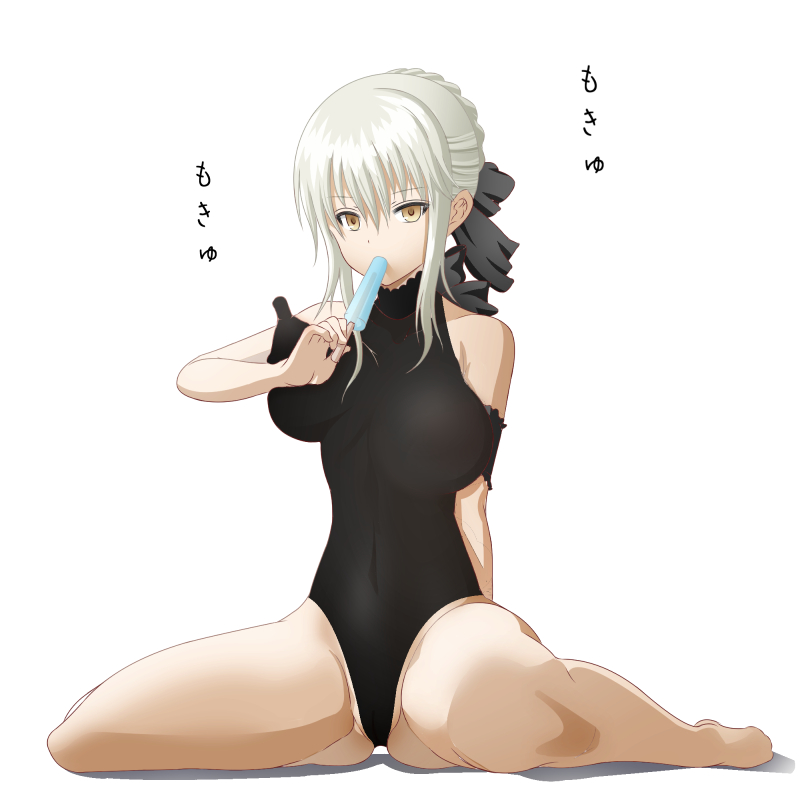 1girl barefoot bow breasts crotch fate/hollow_ataraxia fate_(series) hair_bow hair_ornament large_breasts leotard long_hair long_nipples saber saber_alter silver_hair simple_background sitting solo spread_legs wariza white_background yellow_eyes