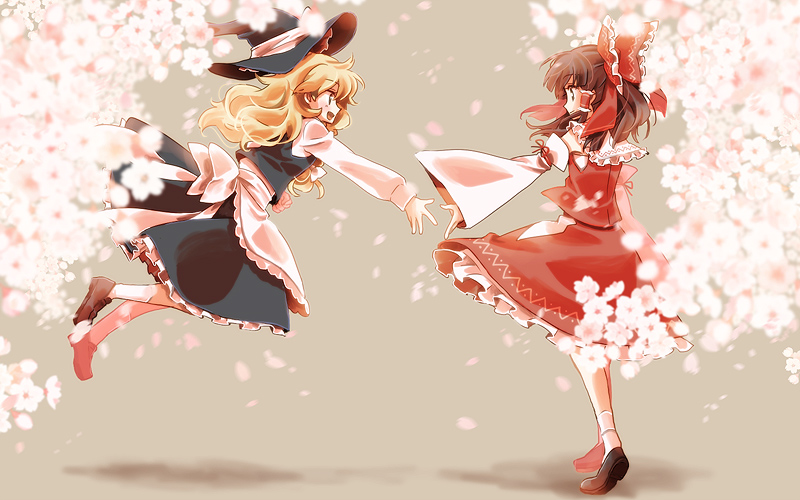 apron blonde_hair bow brown_hair detached_sleeves hair_bow hair_tubes hakurei_reimu hat jumping kirisame_marisa long_hair long_sleeves looking_at_another md5_mismatch mecco multiple_girls open_mouth shirt shoes skirt smile socks touhou witch_hat