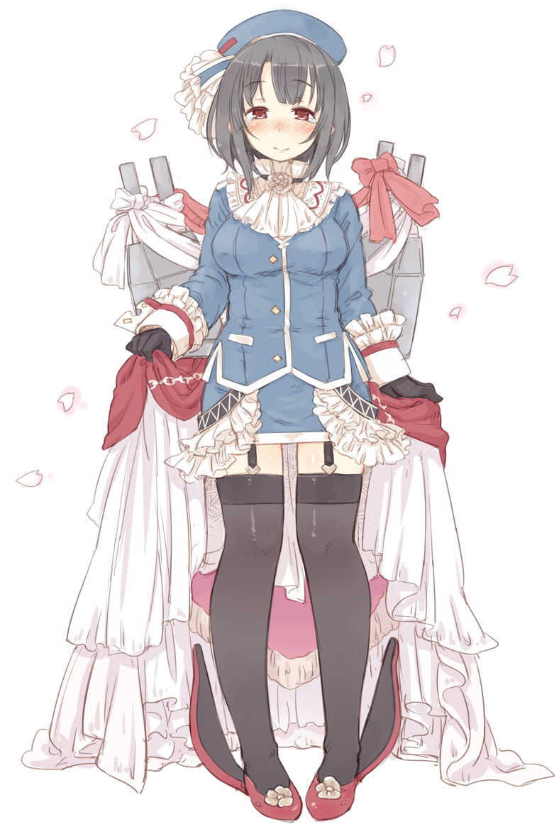 7010 adapted_costume alternate_costume black_gloves black_hair black_legwear blush breasts garter_straps gloves hat kantai_collection looking_at_viewer medium_breasts petals red_eyes short_hair simple_background smile solo takao_(kantai_collection) tears thighhighs white_background zettai_ryouiki