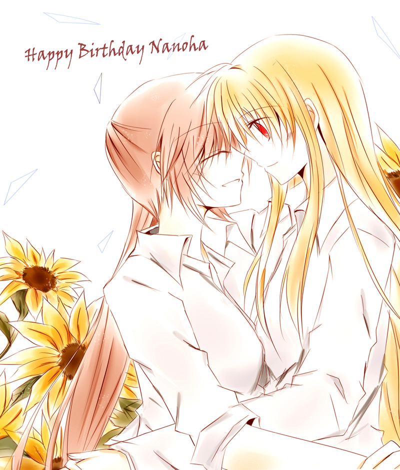 blonde_hair brown_hair closed_eyes collared_shirt english face-to-face fate_testarossa flower forehead-to-forehead happy hug long_hair looking_at_another lyrical_nanoha mahou_shoujo_lyrical_nanoha_strikers multiple_girls ponytail red_eyes shirt side_ponytail smile sunflower takamachi_nanoha very_long_hair white_background white_shirt xuan yuri