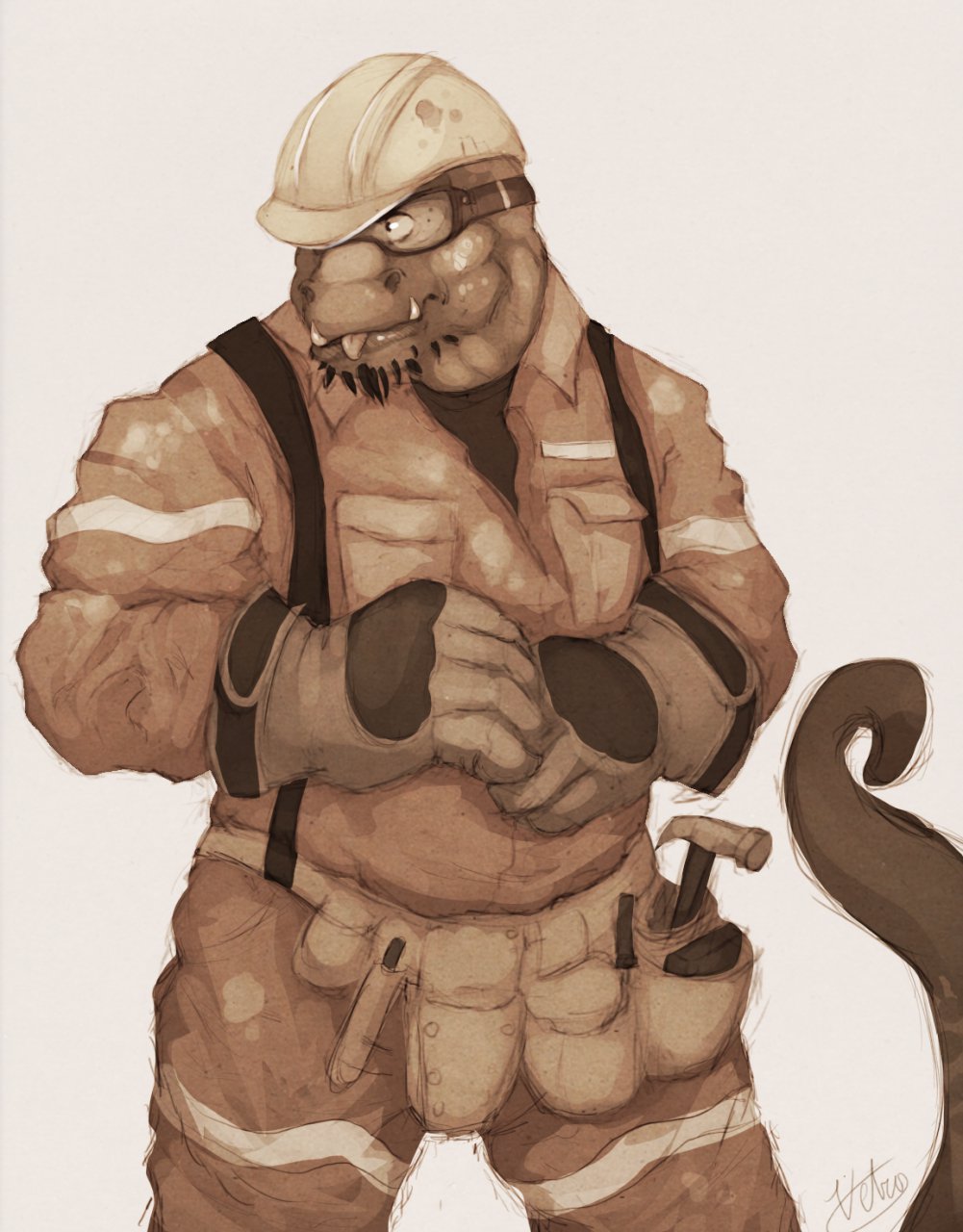 eyewear fangs gloves goggles hammer helmet jumpsuit lizard male plain_background reptile scalie solo teeth tongue tongue_out tool_belt tools vetrowolf