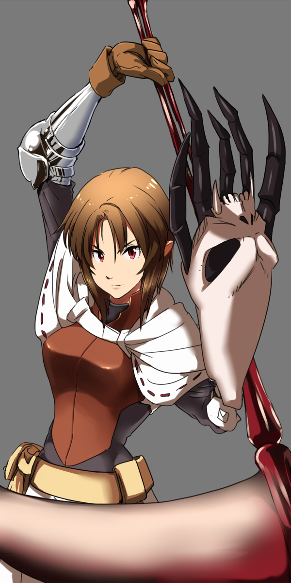 armor brown_hair claws gloves grey_background highres hiro_(spectral_force) holding holding_scythe maabou pointy_ears red_eyes scythe serious short_hair single_glove solo spectral_(series) spectral_force