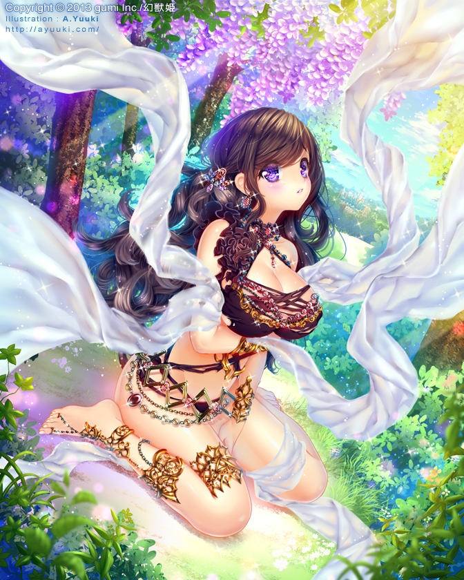 anklet artist_name au7 barefoot barefoot_sandals body_jewelry bracelet breasts brown_hair cleavage earrings grass hair_ornament jewelry large_breasts long_hair md5_mismatch original parted_lips purple_eyes sitting solo toe_ring torn_clothes tree watermark web_address
