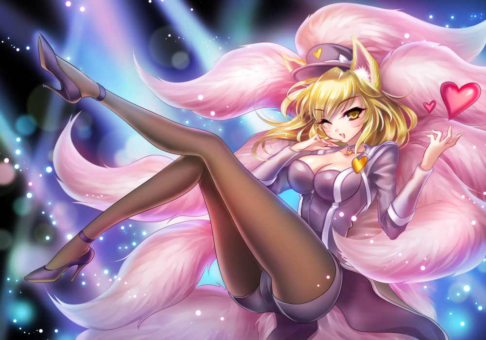 ;d ahri alternate_color alternate_costume alternate_hair_color animal_ears bangs black_legwear blonde_hair bow breasts cameltoe choker cleavage cosplay fox_ears fox_tail from_side full_body girls'_generation glowing hand_on_own_chin happy hat hat_bow heart high_heels jacket knee_up large_breasts league_of_legends leg_up legs legwear_under_shorts lens_flare light_particles lights long_hair looking_at_viewer multiple_tails one_eye_closed open_clothes open_jacket open_mouth pantyhose peaked_cap popstar_ahri s-yin shoes short_shorts shorts sitting smile solo stiletto_heels tail yellow_eyes zipper