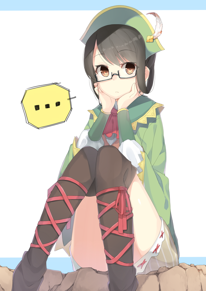 1girl 7zu7 ankle_lace-up bicorne black_legwear cross-laced_footwear glasses guildmarm_(monster_hunter) hands_on_own_cheeks hands_on_own_face hat looking_at_viewer monster_hunter monster_hunter_4 ribbon semi-rimless_eyewear simple_background solo thighhighs under-rim_eyewear white_background