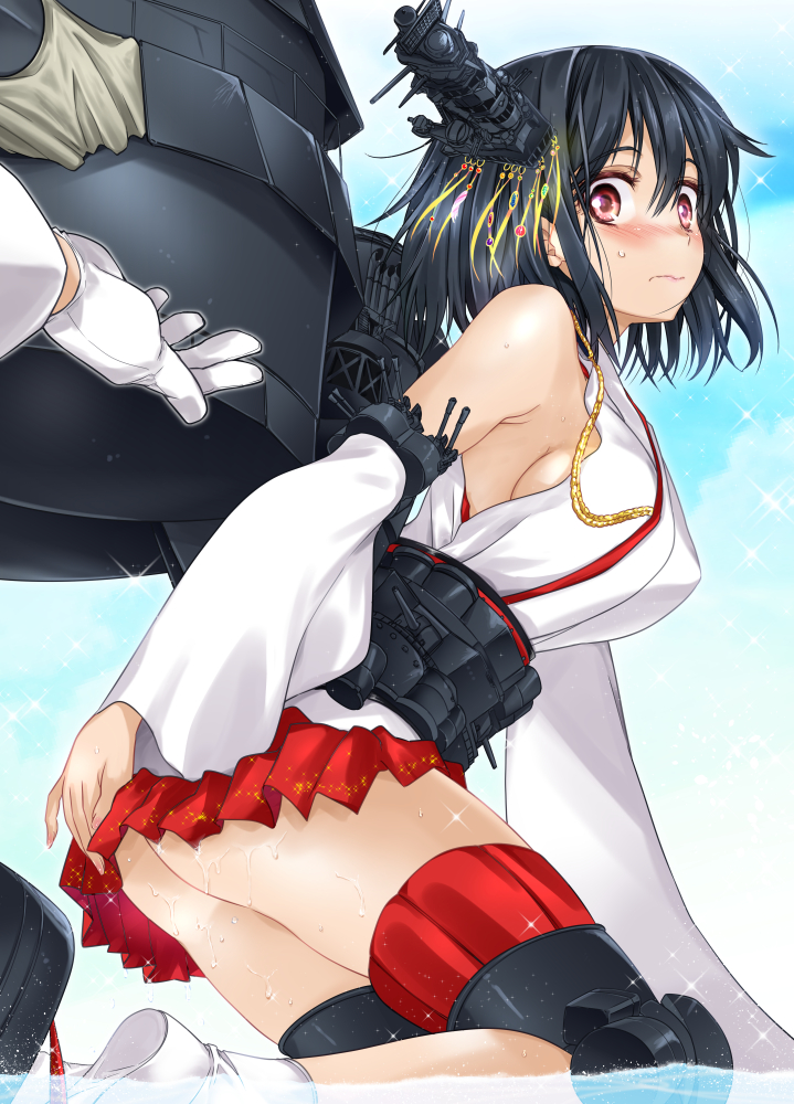 ass black_hair blush breasts covering covering_ass detached_sleeves embarrassed hair_ornament japanese_clothes kantai_collection large_breasts nontraditional_miko red_eyes short_hair sideboob skirt solo_focus sparkle sumeragi_hamao wavy_mouth wet yamashiro_(kantai_collection)