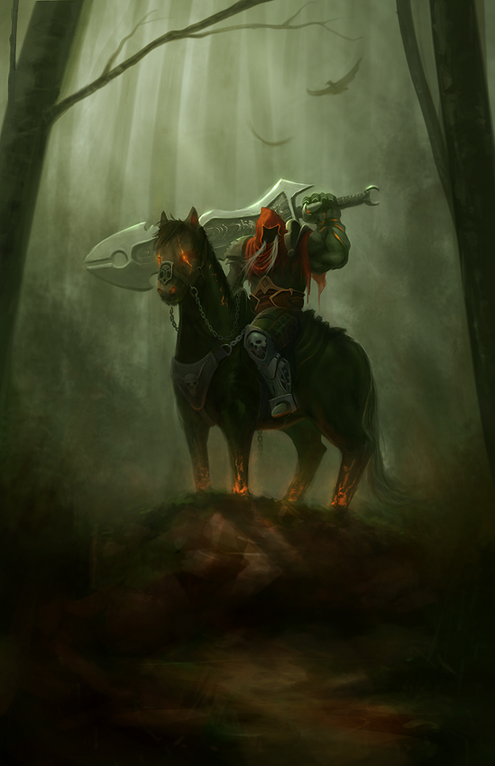 darksiders equine glowing glowing_eyes horse human kolokas male mammal riding ruin_(character) sword video_games war_(character) weapon