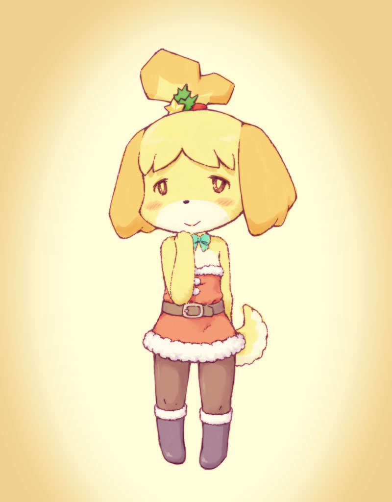 blush canine christmas dog female holidays isabelle_(animal_crossing) mammal nintendo plain_background video_games yellow_background