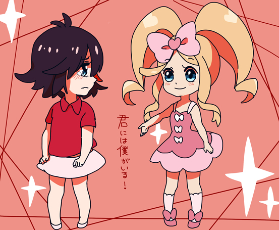 black_hair blonde_hair blue_eyes blush bow dress expressionless from_side full_body hair_bow harime_nui kill_la_kill long_hair looking_back matoi_ryuuko meko_(2344927) multicolored_hair multiple_girls no_eyepatch pink_background pink_bow profile short_hair simple_background smile socks sparkle standing tareme translated what_if white_legwear younger