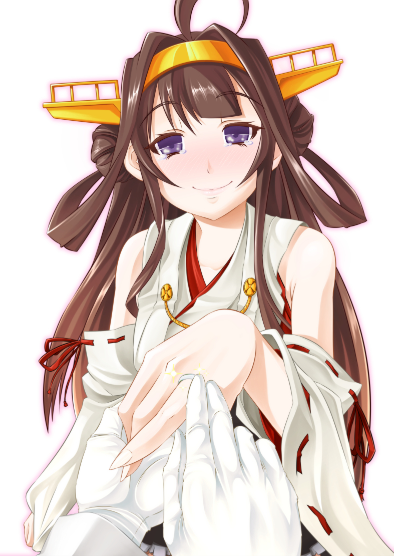1girl admiral_(kantai_collection) ahoge bare_shoulders brown_hair detached_sleeves double_bun hair_ornament hairband headgear hissa_yossa japanese_clothes jewelry kantai_collection kongou_(kantai_collection) long_hair nontraditional_miko open_mouth pov proposal putting_on_jewelry ribbon-trimmed_sleeves ribbon_trim ring skirt smile solo_focus tears thighhighs wedding_band
