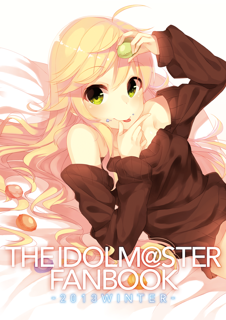 7zu7 blonde_hair copyright_name cover cover_page food green_eyes hoshii_miki idolmaster idolmaster_(classic) long_hair looking_at_viewer macaron solo tongue tongue_out very_long_hair