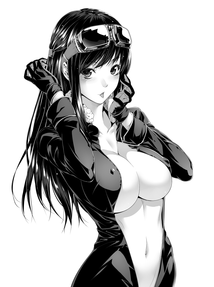 :p breasts center_opening covered_nipples gloves goggles goggles_on_head greyscale large_breasts long_hair looking_at_viewer monochrome navel original simple_background solo tongue tongue_out unzipped zucchini