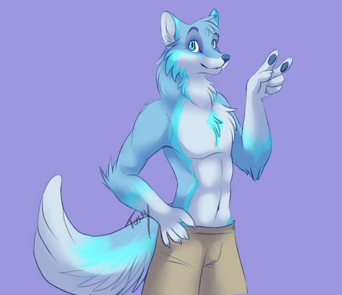 blue_fur blue_theme canine clothing fox fur male mammal pants solo tassy topless v_sign