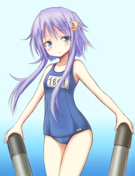 banitei blue_eyes cosplay crescent crescent_hair_ornament hair_ornament kantai_collection long_hair one-piece_swimsuit purple_hair school_swimsuit short_hair_with_long_locks sidelocks solo swimsuit torpedo yayoi_(kantai_collection)