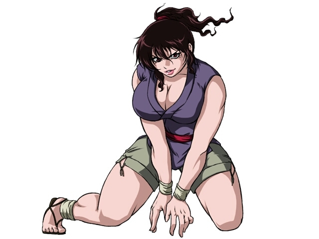 ankle_wrap basilisk_(manga) breasts brown_hair cleavage grin japanese_clothes large_breasts okoi ponytail sandals shorts smile solo squatting