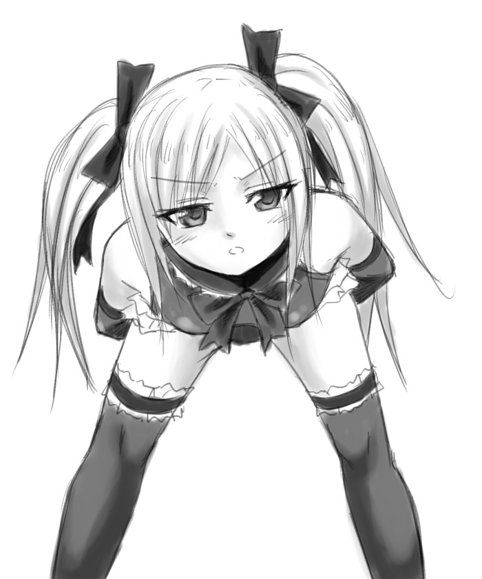 arms_behind_back dead_or_alive dead_or_alive_5 elbow_gloves flat_chest gloves greyscale hair_ribbon jitome leaning_forward leotard looking_at_viewer marie_rose monochrome ribbon suzuna_(najaran) thighhighs twintails