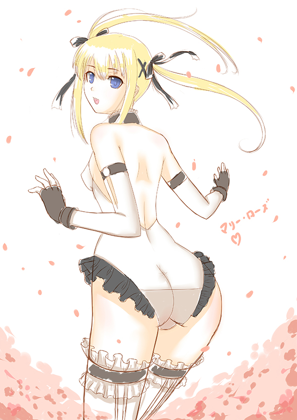 ass back backless_outfit blonde_hair blue_eyes breasts cat_with_a_brush dead_or_alive dead_or_alive_5 detached_sleeves fingerless_gloves frills garters gloves hair_ribbon leotard long_hair marie_rose ribbon small_breasts solo thighhighs twintails wide_hips