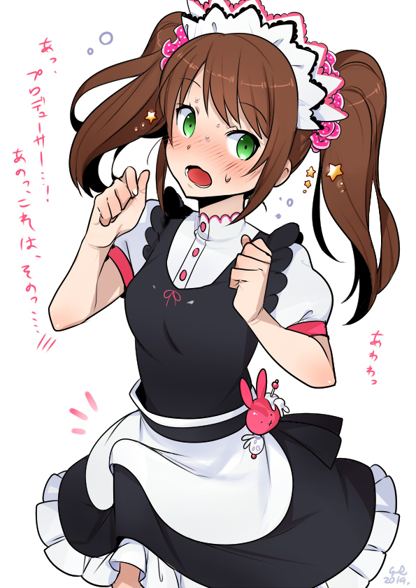 apron blush brown_hair commentary_request cr-r crossdressing dress earrings erection erection_under_clothes green_eyes idolmaster idolmaster_side-m jewelry long_hair looking_at_viewer maid_headdress male_focus mizushima_saki open_mouth otoko_no_ko solo sweatdrop translated twintails