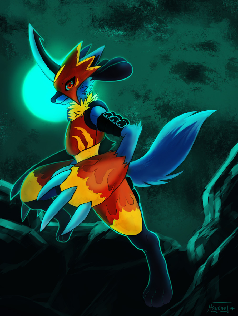 armor artist_name buckle character_name claws digimon digimon_adventure_02 flamedramon full_body full_moon fur fusion gen_4_pokemon glowing haychel highres horn lucario moon moonlight night no_humans paws pokemon pokemon_(creature) signature solo standing standing_on_one_leg tail