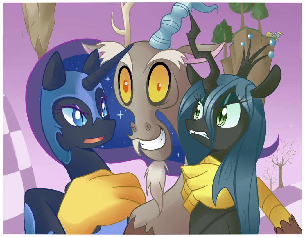 brown_fur changeling cyan_hair derpy_hooves_(mlp) discord_(mlp) draconequus equine fangs female feral friendship_is_magic fur group horn male mammal my_little_pony nightmare_moon_(mlp) pegasus queen_chrysalis_(mlp) sallymon smile tree winged_unicorn wings