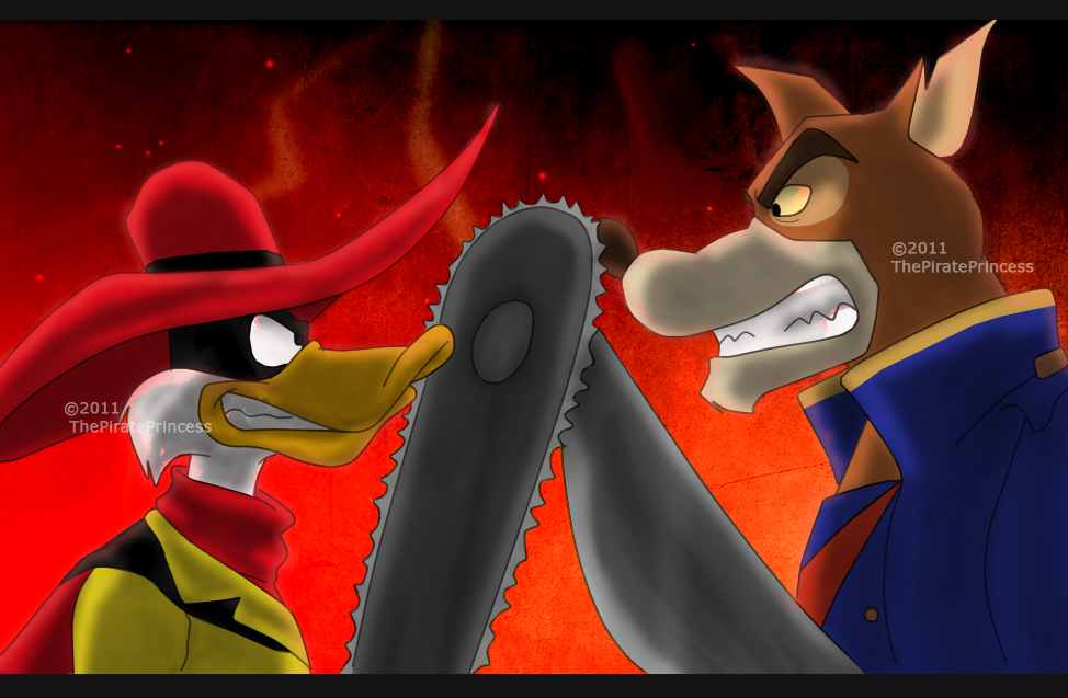 avian chainsaw clothed clothing crossover darkwing_duck disney don_kamago don_karnage duck duo eye_contact fedora hat negaduck smirk sword talespin thepirateprincess weapon