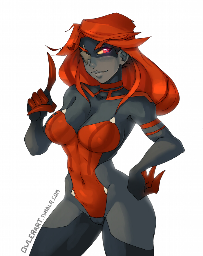 black_skin breasts claws cleavage eyebrows genderswap genderswap_(mtf) hand_on_hip kill_la_kill large_breasts lips long_fingers long_hair md5_mismatch one-eyed owler personification red_eyes red_hair scar senketsu solo thick_eyebrows yellow_sclera