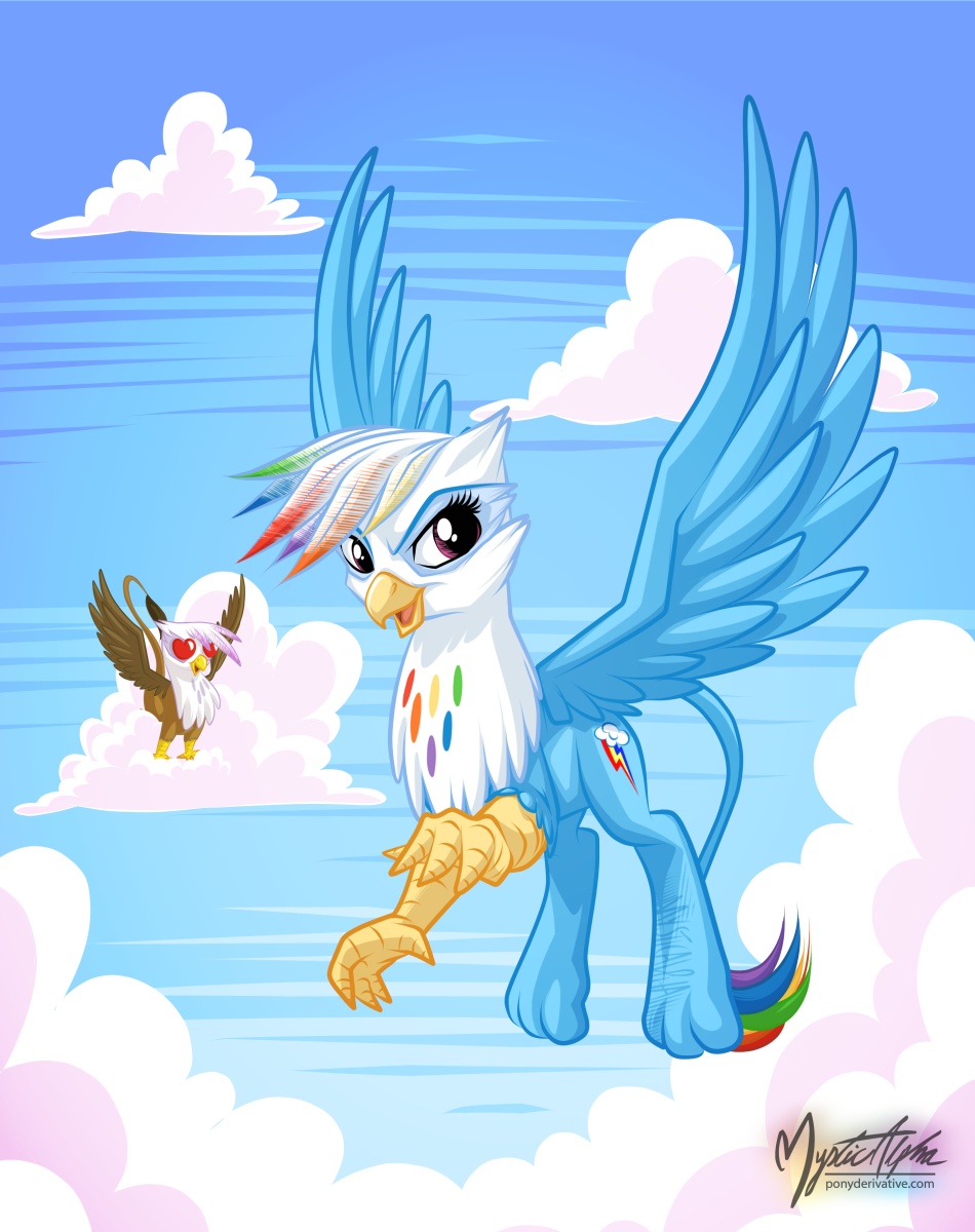 &lt;3 avian beak cloud cutie_mark duo feathers female flying friendship_is_magic gilda_(mlp) gryphon looking_at_viewer love my_little_pony mysticalpha open_mouth outside purple_eyes rainbow_dash_(mlp) sky standing tails wings