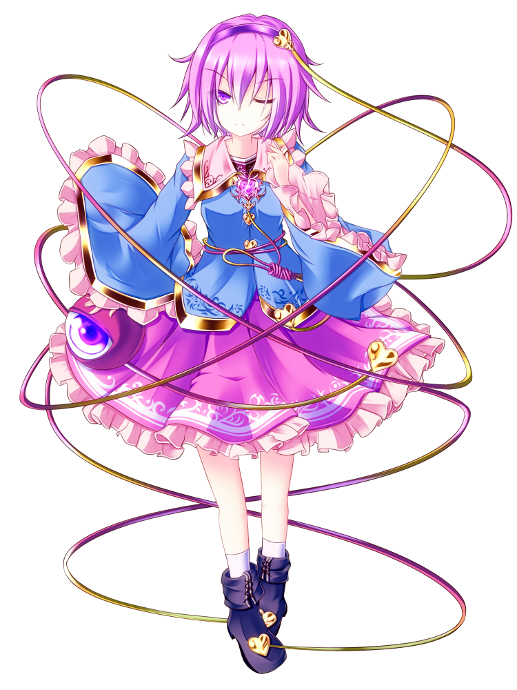 hairband heart karakuri_neko_(tkfm) komeiji_satori looking_at_viewer one_eye_closed pink_hair purple_eyes short_hair skirt solo third_eye touhou