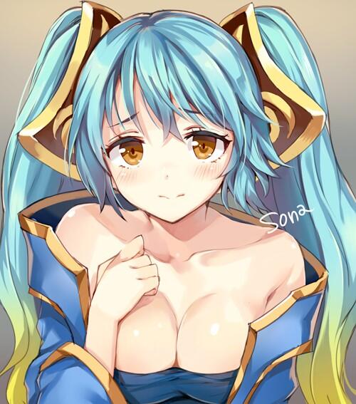 aqua_hair bare_shoulders blonde_hair blush breasts brown_eyes character_name cleavage gradient_hair hand_on_own_chest large_breasts league_of_legends looking_at_viewer momoko_(momopoco) multicolored_hair solo sona_buvelle twintails upper_body