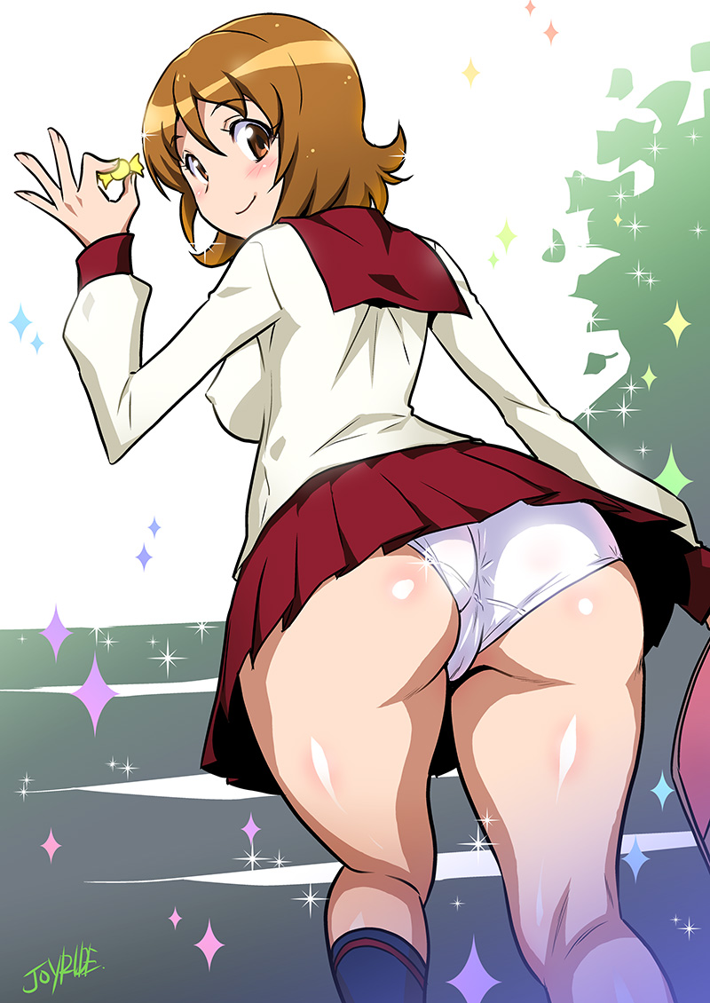 blush brown_eyes brown_hair candy food happinesscharge_precure! joy_ride looking_back oomori_yuuko panties pantyshot pantyshot_(standing) pikarigaoka_middle_school_uniform precure red_sailor_collar sailor_collar short_hair skirt smile standing underwear