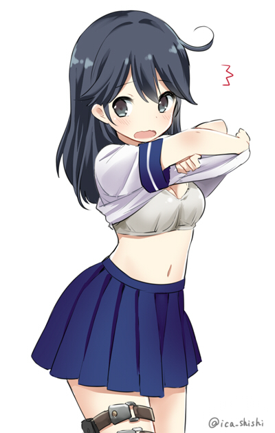 black_hair blush bra breasts ica kantai_collection long_hair navel open_mouth school_uniform serafuku simple_background skirt small_breasts solo thigh_strap twitter_username underwear undressing ushio_(kantai_collection) white_background white_bra