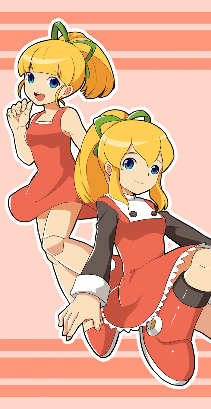 android bad_id bad_pixiv_id blonde_hair blue_eyes boots dress dual_persona hair_ribbon highres knee_boots long_hair long_sleeves multiple_girls open_mouth pink_background ponytail red_skirt ribbon robot_joints rockman rockman_(classic) roll skirt smile sundress t_(toddy_t)