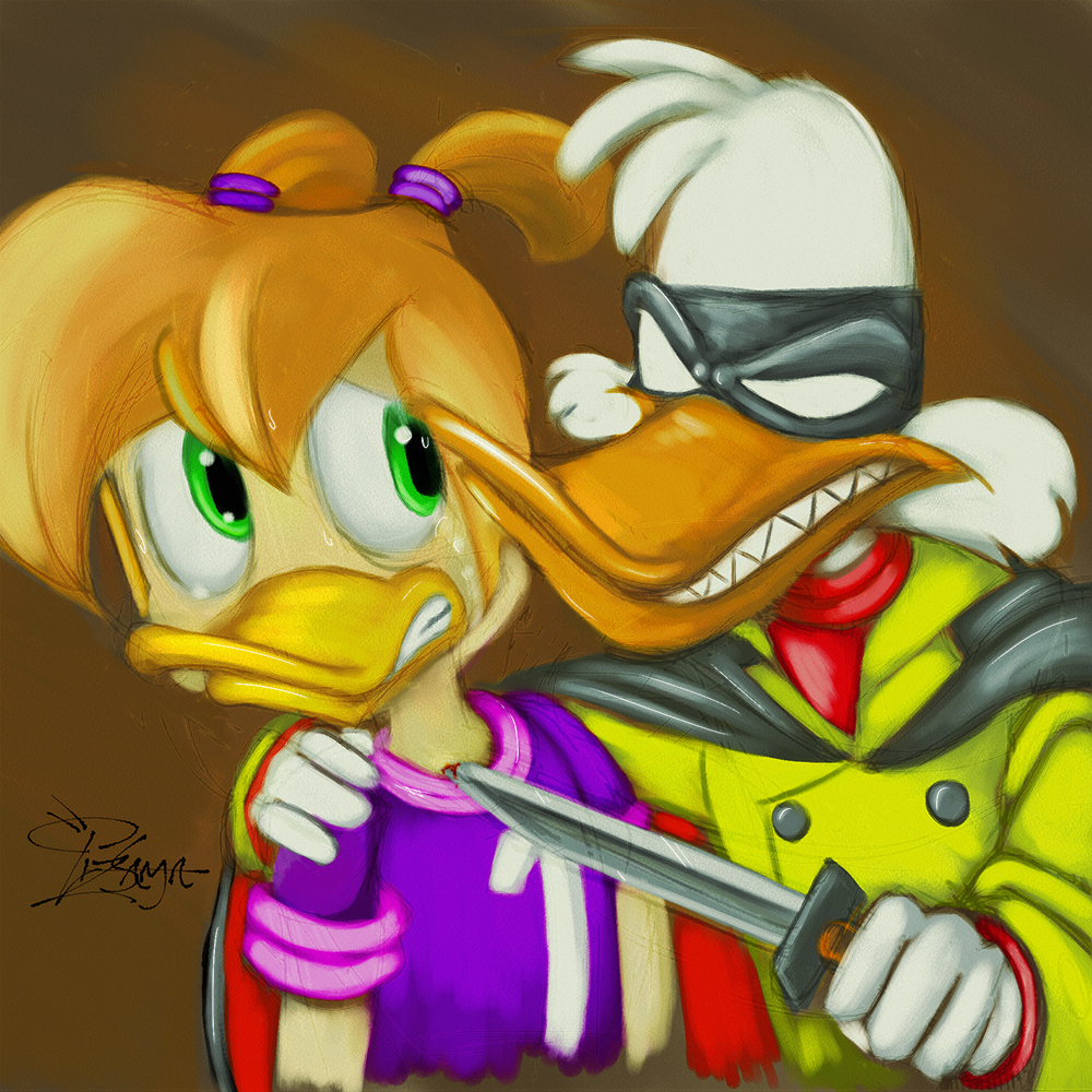 cub darkwing_duck duck female gosalyn_mallard hostage knife lizsama male negaduck nervous smirk villainous young